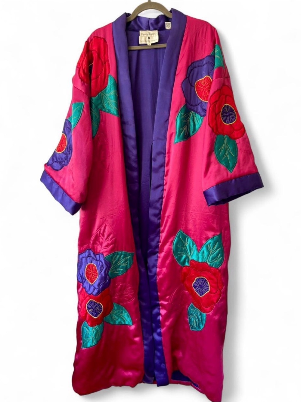Vintage Floral Embroidered Pink & Purple Satin Duster Coat Kathleen Kirkwood 80s